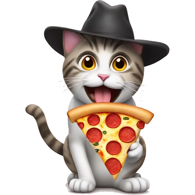 Emoticon de un gato con sombrero, comiendo pizza emoji