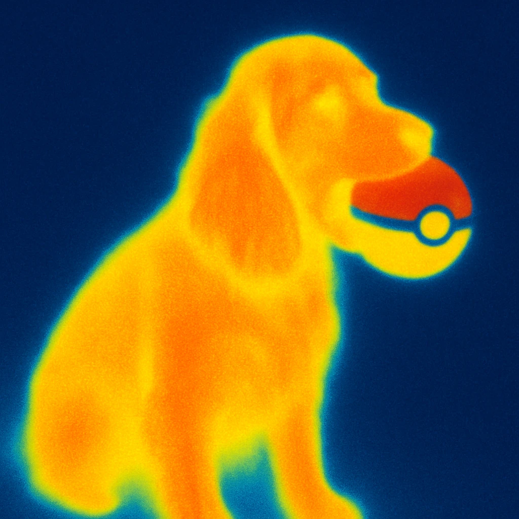 Russian Cocker Spaniel with a Poké Ball in its mouth with a background emoji