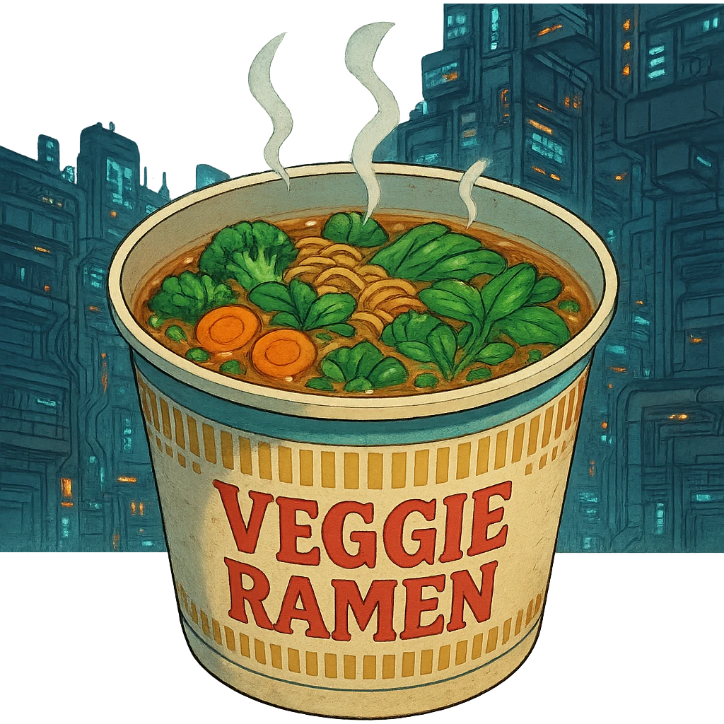 cyberpunk futuristic, scifi, a bowl of delicious veggie , ramen, 1990s, paper cup, classic style branding emoji