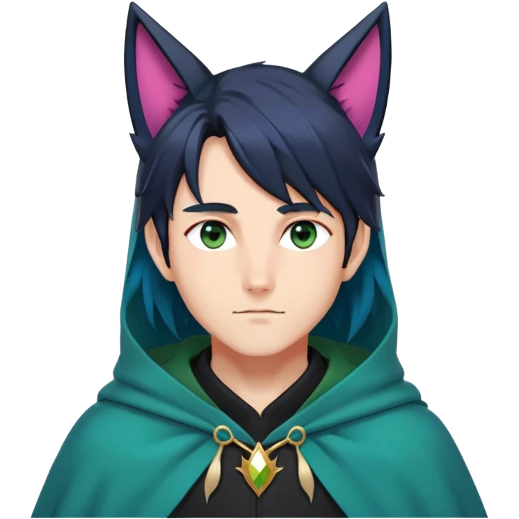 anime man with straight long dark-blueish-black-gradient hair, long black fox ears with pink Scapha, hazel-gradient-brown-turquoise eyes, gold earring, dark-blue-sweater, green cape,  emoji