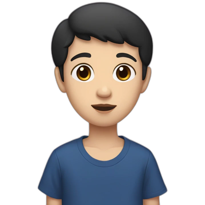 13 year old white kid with very short black hair, brown eyes, regular nose, little eyebrows with a dark blue t-shirt saying st. Francis and with pink lips emoji
