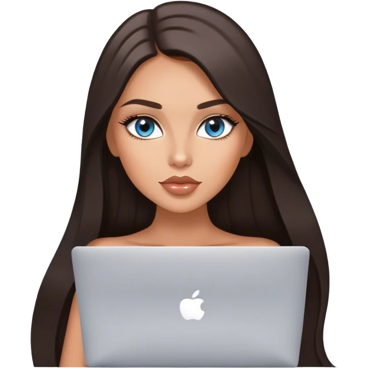 Glamours tanned very beautiful girl with pump peach nude lips and dark chocolate straight smooth long hair, blue-grey eyes with MacBook emoji
