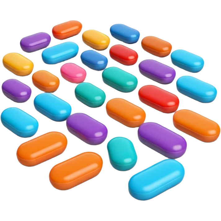 A group of colorful 3D cartoon pills scattered on a flat surface, round and oval shapes, soft lighting, smooth glossy finish, Memoji-style realism. emoji