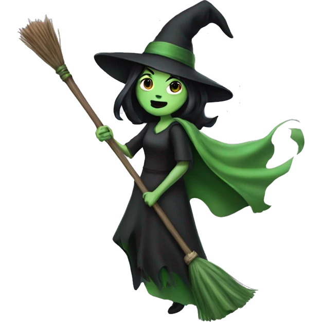 Green witch with black hair on broom stick  emoji
