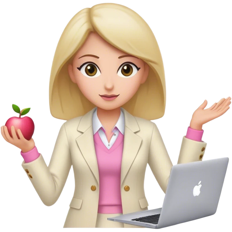 Female teaching working on an apple macbook, wear a cream long blazer, with a Pink shirt Day Teacher, must have a hazel eyes.  emoji