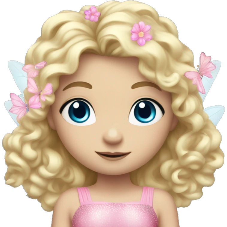 Fairy, a blonde hair with blue eyes and a pink dress with sparkly wings. Flowers. White wings. The fairy has long, curly hair with a lot of volume emoji