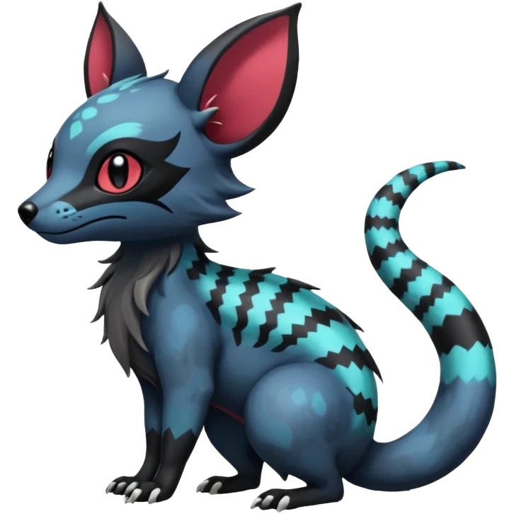 Rare beautiful pretty handsome exotic cute epic aesthetic gothic colorful Salandit-Eevee-Civet-species-Fakemon-hybrid-creature, with markings, full body emoji
