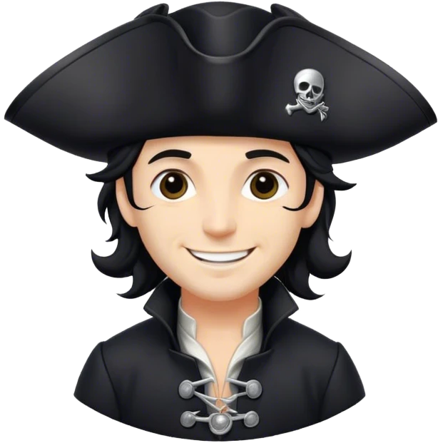 A charismatic pirate with wavy black hair, wearing a black tricorn hat and a sleek black coat with silver buttons, smiling confidently. emoji