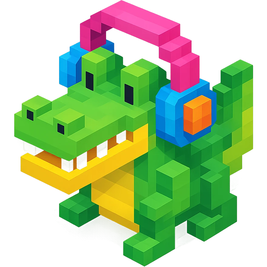 voxel style crocodile with colorful headphones, isometric view emoji