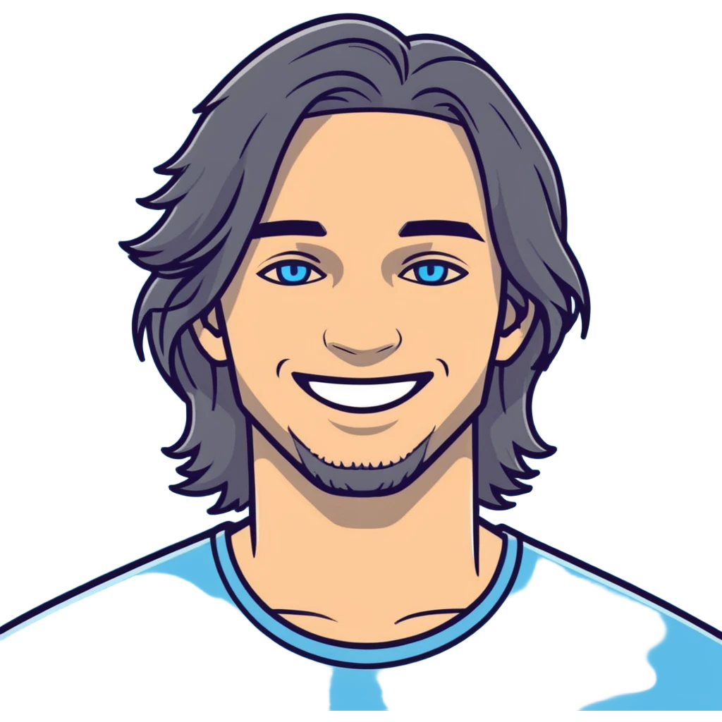 A cool guy with light skin, blue eyes, long hair, smiling emoji