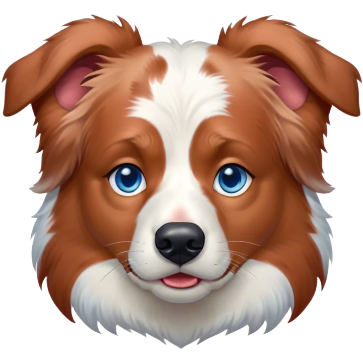 Cinematic Grumpy Predominantly White Red Merle Australian Shepherd Portrait Emoji, Head tilted slightly with a deeply unimpressed expression, thick predominantly white fur with bold red merle markings, large, droopy blue eyes narrowed into an unamused glare, ears slightly drooping in exasperation, Simplified yet comically expressive features, highly detailed, glowing with a dry, sarcastic glow, high shine, effortlessly judgmental yet dignified, stylized with a touch of cynicism, bright but brooding, soft glowing outline, capturing the essence of an eternally unimpressed yet endearing pup, so lifelike it feels like it could sigh heavily at you in disdain at any moment! emoji