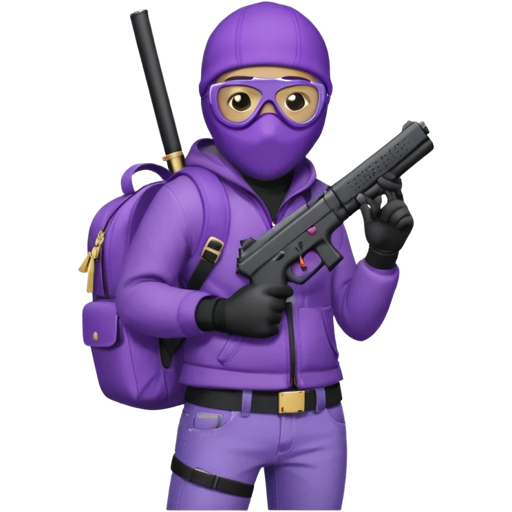 YN character wearing a ski mask, holding a Glock 10mm, dressed in purple jeans, with a Sprayground bookbag on his back emoji