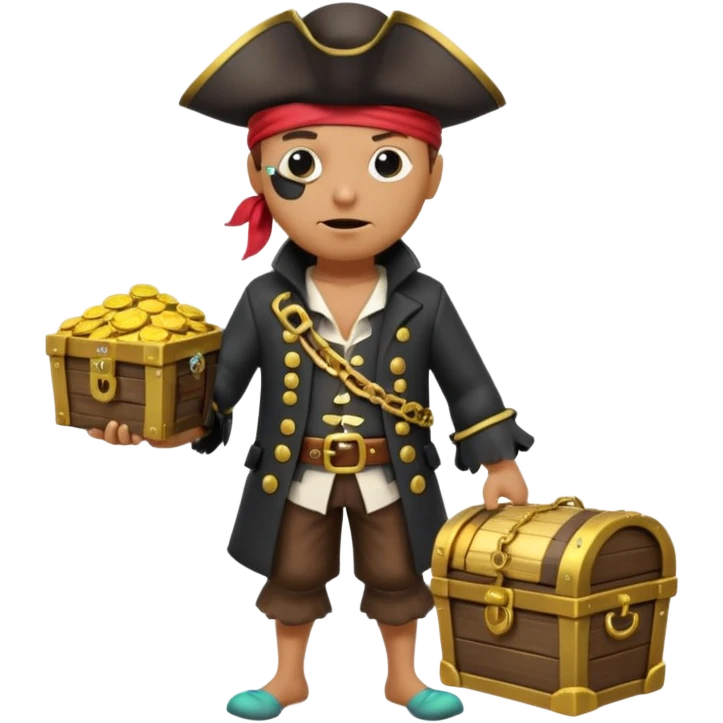 A 3D cartoon pirate character with one eye covered by a black eye patch, holding a treasure chest filled with gold coins and jewels, standing on sandy ground, wearing a pirate hat and coat, warm sunset lighting, realistic Memoji-style rendering. emoji