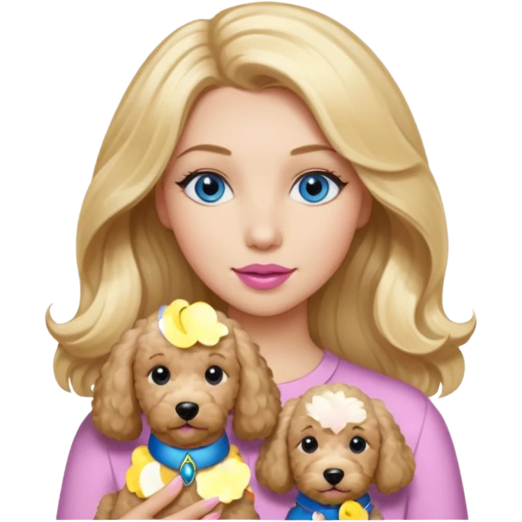 Long, straight, blonde hair, blue eyed woman, wearing soft pink lipstick, holding a wavy blonde, goldendoodle. emoji