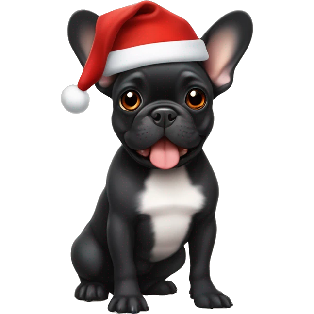 A small, black-and-tan French bulldog with a mostly black face and tan paws, wearing a classic red and white Santa hat, sitting happily with its tongue slightly out. emoji