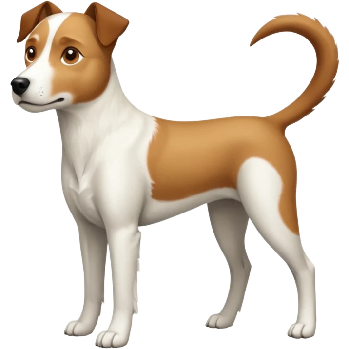 a full body large white parson russell looking dog the size of a kelpie with light brown flapped down ears and a light brown patch on one eye and a large snout emoji