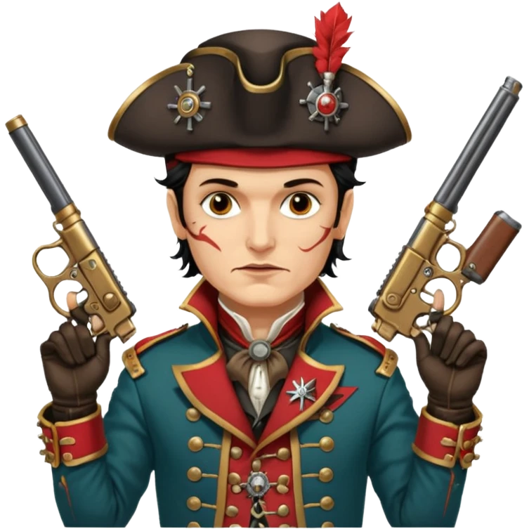 Adam Ant  painted with Indian war colors  is wearing a Hungarian Hussar'S JACKET, holds two steam punk retro guns in his hands emoji