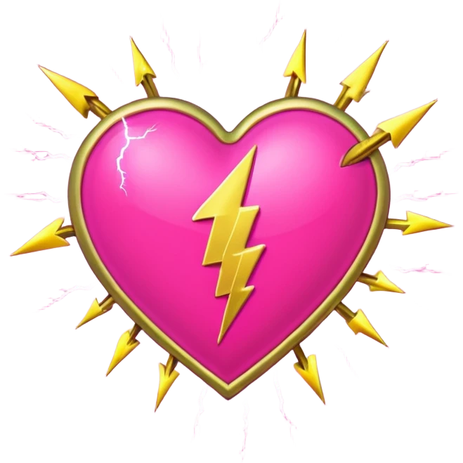 neon heart with a gold bow with heart pattern on the bow, with lightning emoji