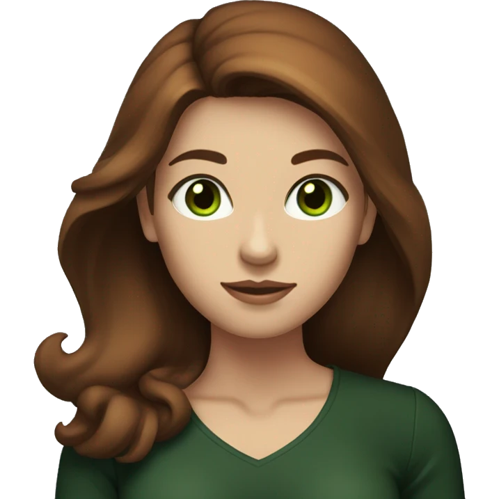 Attractive woman with waist long chestnut-brown hair, dark green eyes, and a black top emoji