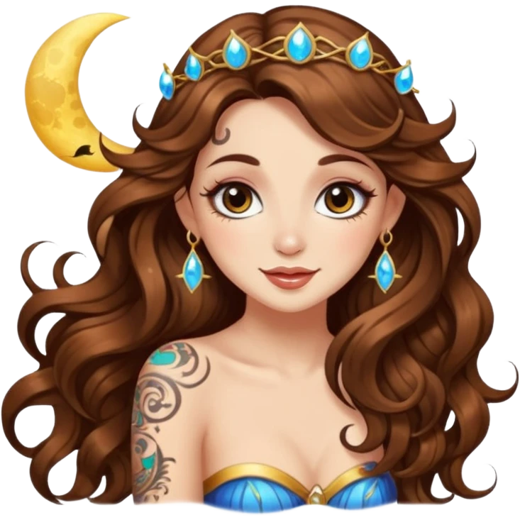 flirty moon fairy woman long wavy brown hair tattoos wink sparkle emoji