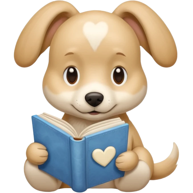 beige dog reading a sky-colored book with a large white heart on its back emoji