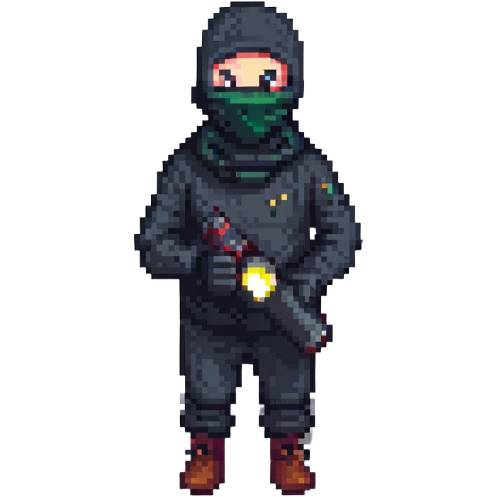 thief with black balaclava and flashlight, pixel art style emoji