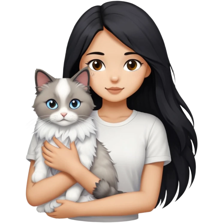 A beautiful girl with long black hair wearing a white short-sleeved shirt hugs a ragol cat emoji