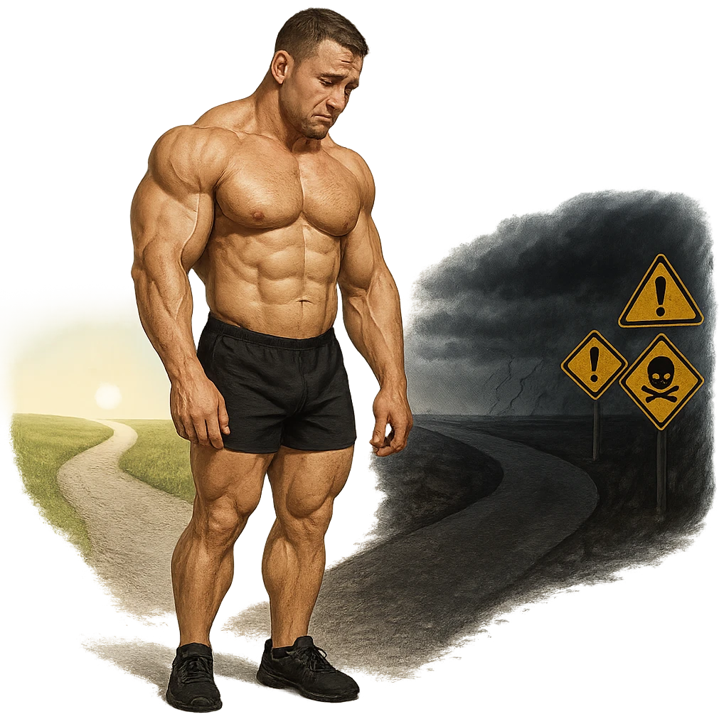 realistic muscular bodybuilder with a sad expression standing at a crossroads with one bright road and one dark road with danger signs, looking towards the wrong road, isolated on white background emoji