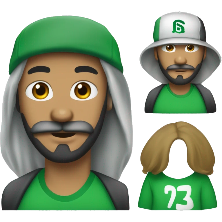 Créer un jeune homme métisse avec une barbe et une moustache et des favoris  avec une casquette verte entièrement verte supreme  et un t shirt blanc emoji