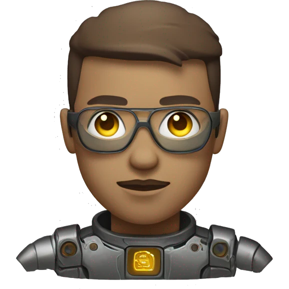 Male cyborg with metallic plated face, brown flat top haircut, glasses and circuitry emoji