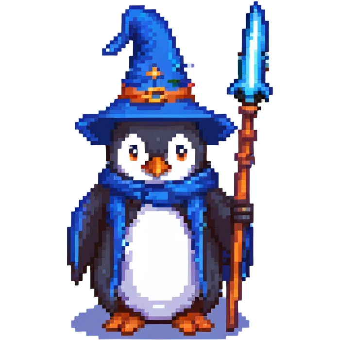 pixel art penguin wizard with a blue robe and staff emoji