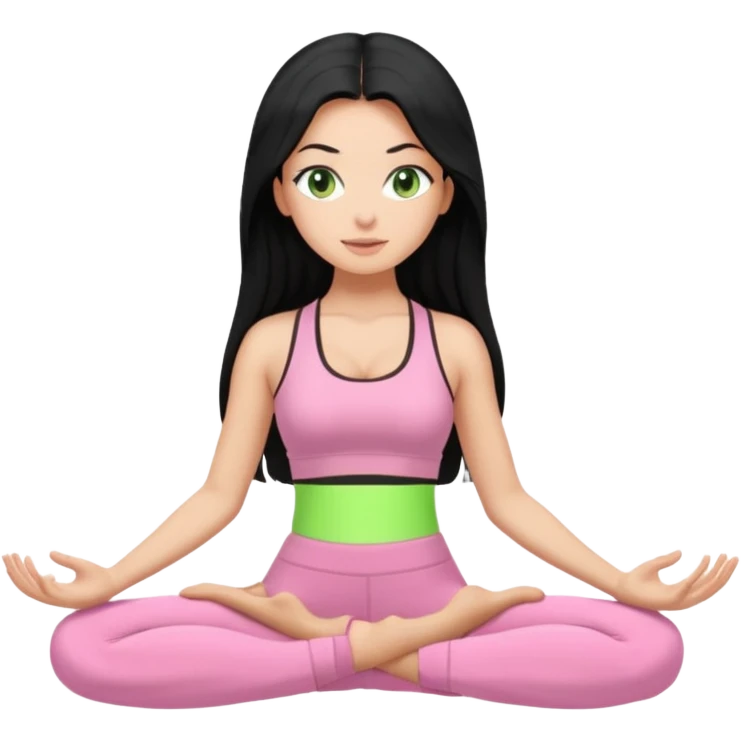 Tan Girl with super long black hair with light green eyes doing yoga with light pink clothes emoji