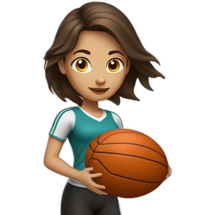 White skin brunette female playing football with very small basket ball emoji