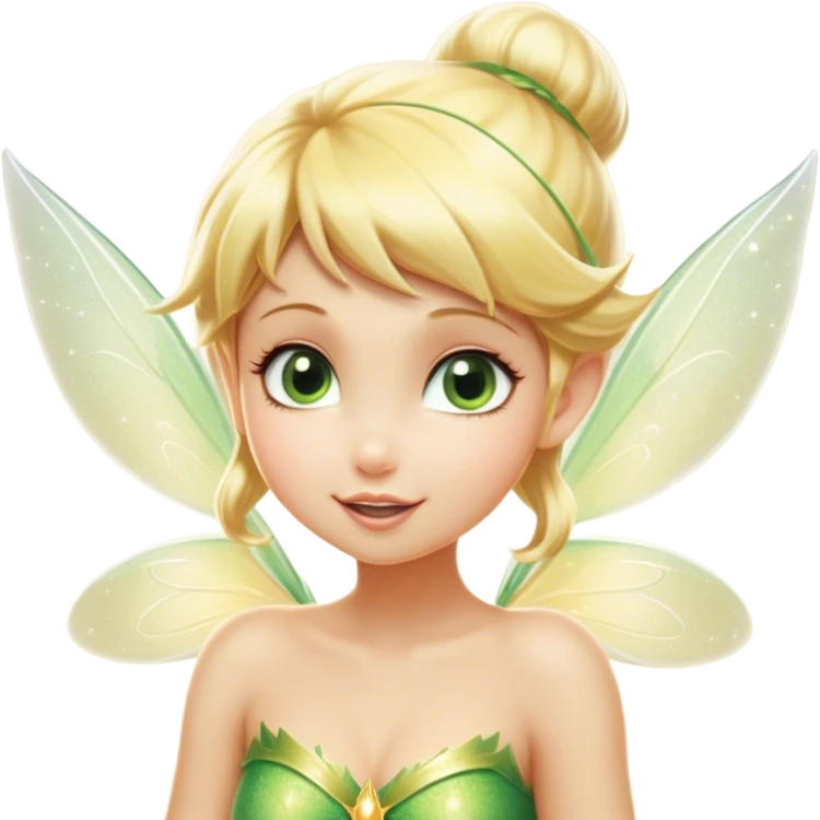 Cinematic Realistic Blonde Tinker Bell Fairy Portrait, head tilted playfully and inquisitively, showcasing a delicate pixie form with finely detailed, golden blonde hair and softly glowing, translucent wings that catch the light with a cascade of fairy dust. Her bright, curious eyes sparkle with mischief and wonder, rendered with lifelike clarity and warm, gentle lighting that captures the essence of a spirited, charming fairy ready to flutter playfully into your heart. emoji