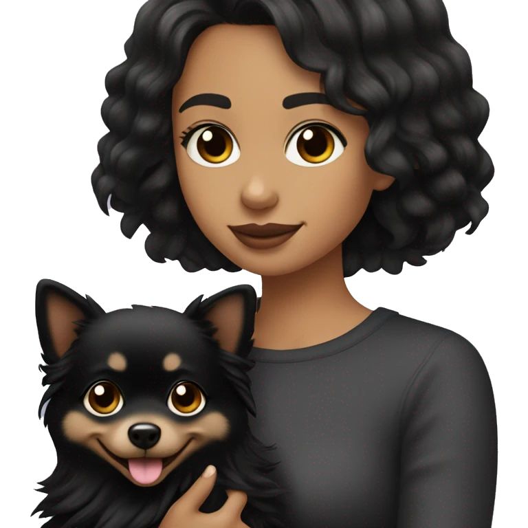 a straight haired girl with tan skin and black hair holding a black puppy pomeranian ￼ emoji