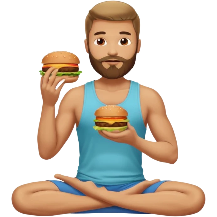 caucasian man with beard, eating burger in yoga pose emoji