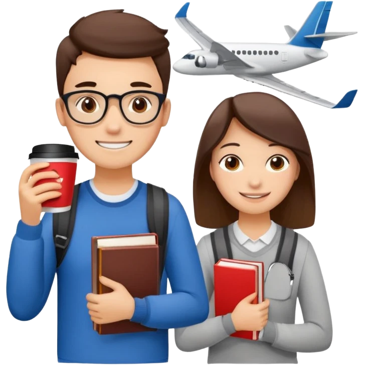 Create two emoji characters.

Left: a stressed student preparing for IELTS, holding books and coffee, tired face, exam stress.

Right: a happy confident student after IELTS, traveling abroad, airplane, university, freedom, smiling.

Style: Apple emoji, clean, simple, white background. emoji