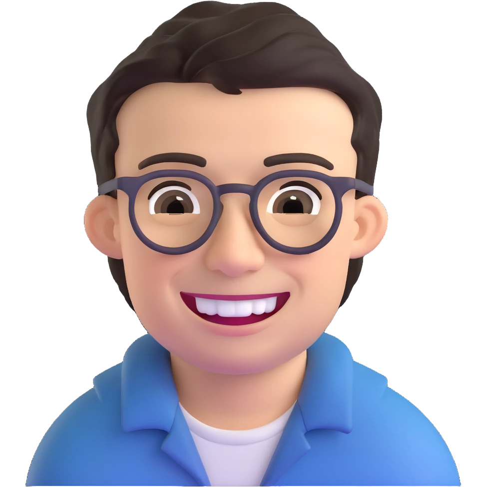 smiling dark-haired man with glasses, big teeth, standard male haircut, rural farmer emoji