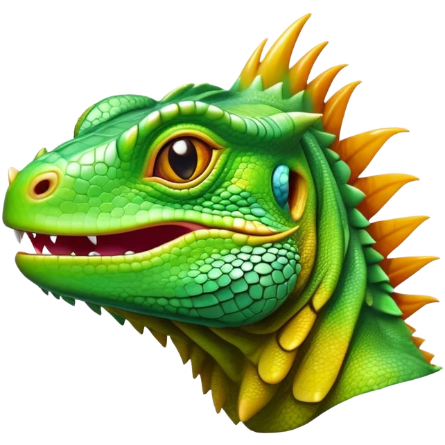 Cinematic Realistic Comical Iguana Portrait Emoji, Head tilted dramatically with an exaggeratedly amused expression, featuring a striking, glossy green-scaled body with bold natural textures and wide, expressive amber eyes brimming with playful disbelief, rendered with lifelike clarity and vibrant hues, high shine, dramatic yet playful, styled with an air of cheeky tropical mischief, soft glowing outline, capturing the essence of a spirited and over‐the‐top iguana that looks ready to charm its way into viral fame! emoji