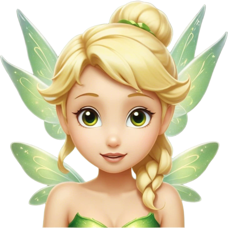Cinematic Realistic Blonde Tinker Bell Fairy Portrait, head tilted playfully and inquisitively, showcasing a delicate pixie form with finely detailed, golden blonde hair and softly glowing, translucent wings that catch the light with a cascade of fairy dust. Her bright, curious eyes sparkle with mischief and wonder, rendered with lifelike clarity and warm, gentle lighting that captures the essence of a spirited, charming fairy ready to flutter playfully into your heart. emoji