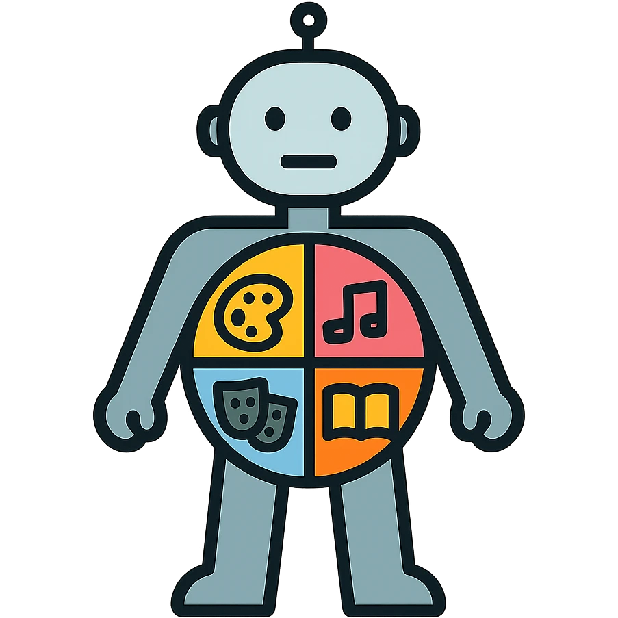 A metal humanoid figure with a circular torso divided into four colored segments, containing icons for painting, music, theater, and literature emoji