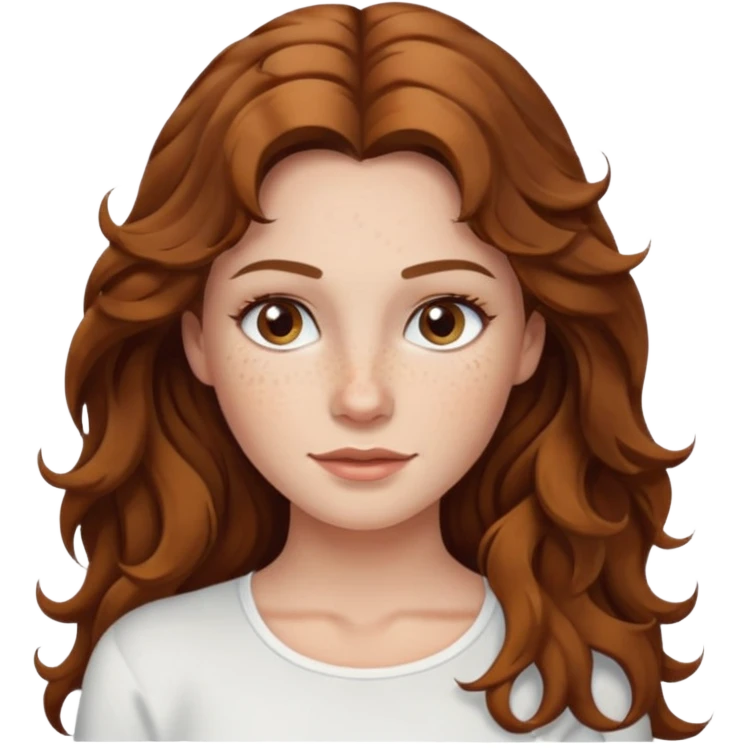 Caucasian woman with long brown wavy hair with freckles, hazel eyes wearing a white top emoji