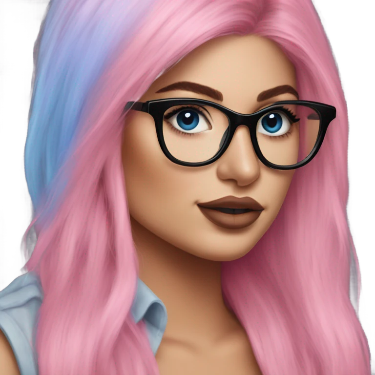 Photo Realistic kylie jenner stylish pink hair BLUE eyes and glasses happy  emoji