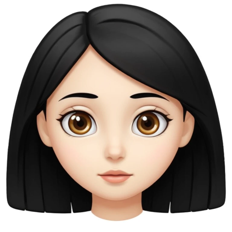 Crear emoji de una chica de piel blanca ojos grandes negro pelo lacio negro con raya al medio tierna, dulce y alegre emoji
