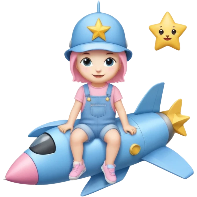 adorable kitten in pastel blue denim overalls, pastel blue sneakers, pastel pink hat with a star, sitting on a rocket, smiling, emoji style emoji