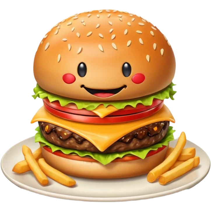 Burger on a plate with fries. The burger is smiling and drooling- looks euphoric and delicious.  emoji