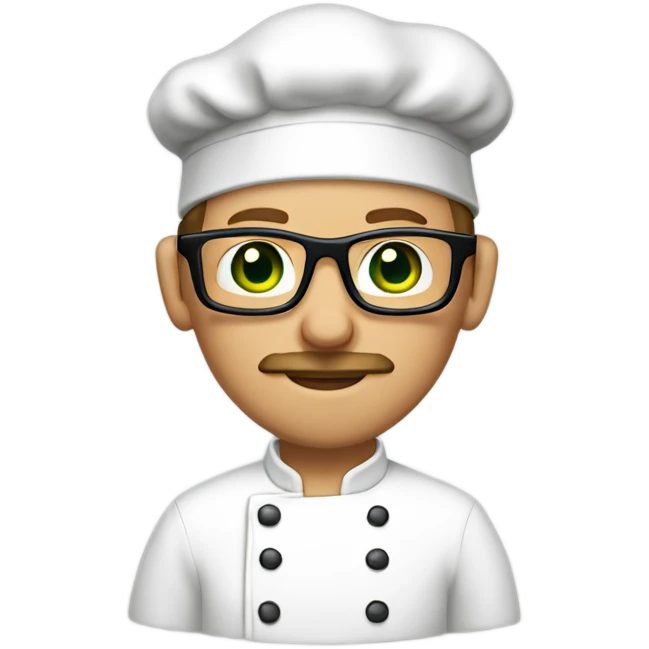 Man with light brown hair, green eyes, mustache, long face, light skin, and glasses wearing a chef hat emoji
