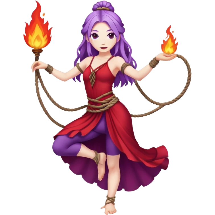 Full body rope Poi fire dance performer pale skin with long purple hair red dress emoji