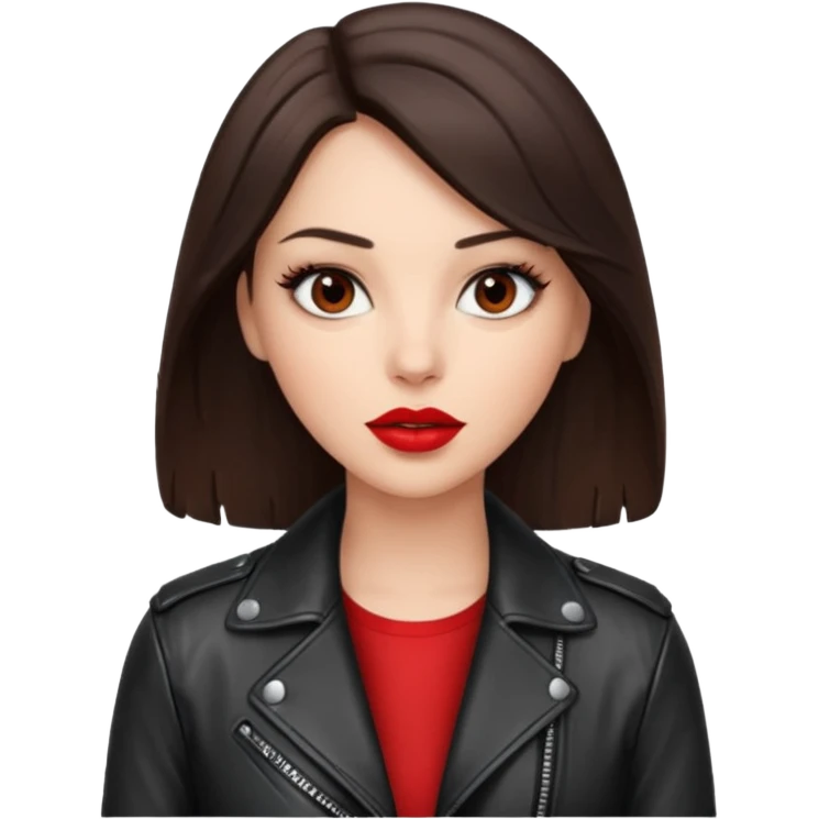 brunet in cuir jacket with red lips and black brown eyes emoji