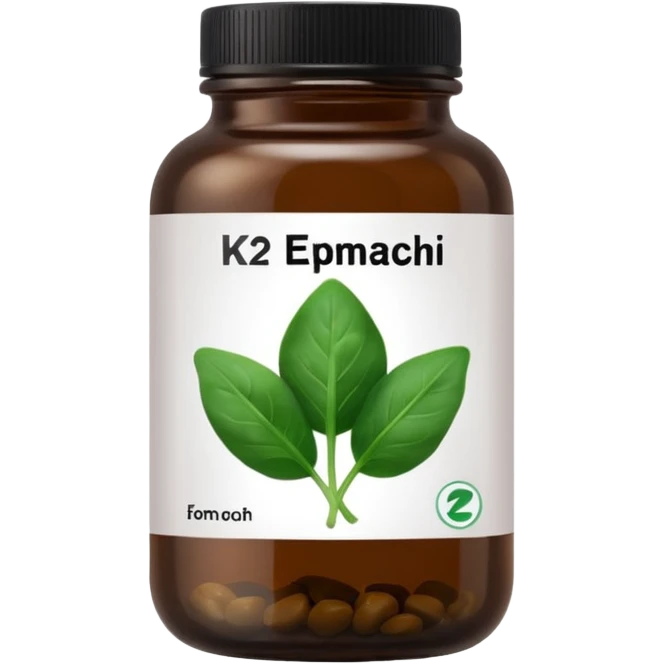 brown glass bottle of supplements with white label, black thin title K2 and small spinach emoji emoji